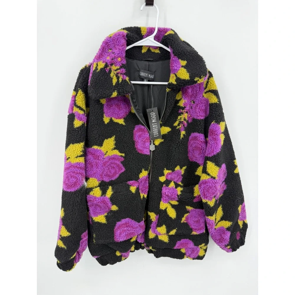 Current Mood loving bloom Floral Sherpa Fleece Jacket sz XS Black Purple green